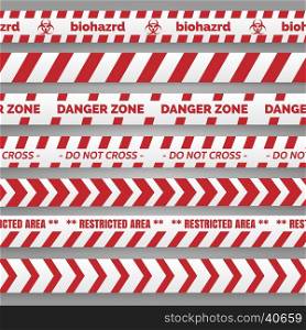Danger tapes vector - red and white tape collection. Danger tapes set vector - red and white tapes collection