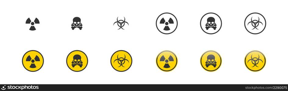 Danger yellow signs. Radiation, biohazard, death, toxic set icon in different styles. Vector isolated illustration