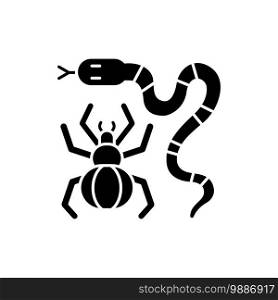 Dangerous animals black glyph icon. Exotic pets. Poisonous snakes and venomous spiders. Cobras, vipers and rattlesnakes. Silhouette symbol on white space. Vector isolated illustration. Dangerous animals black glyph icon