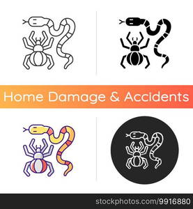 Dangerous animals icon. Exotic pets. Poisonous snakes and venomous spiders. Cobras, vipers and rattlesnakes. Wildlife home invaders. Linear black and RGB color styles. Isolated vector illustrations. Dangerous animals icon