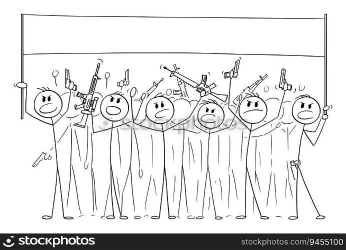 Dangerous armed crowd holding guns and empty sign, vector cartoon stick figure or character illustration.. Dangerous Armed Crowd with Guns Holding Sign , Vector Cartoon Stick Figure Illustration