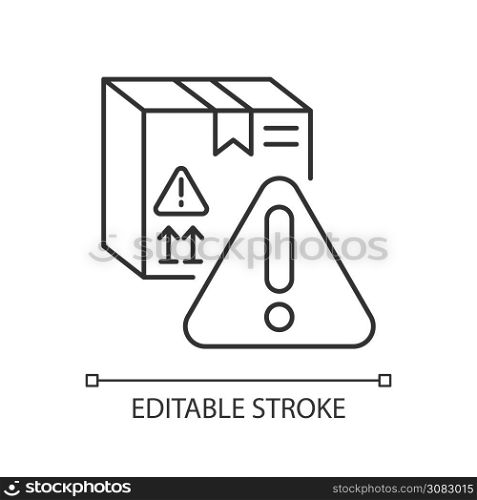 Dangerous cargo linear icon. Professional postal service, special package delivery thin line customizable illustration. Contour symbol. Vector isolated outline drawing. Editable stroke. Dangerous cargo linear icon
