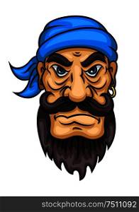Dangerous cartoon pirate sailor or captain with curly black moustache and beard, blue bandanna and gold earring. Marine adventure, travel, mascot or piracy theme design. Cartoon bearded pirate sailor or captain
