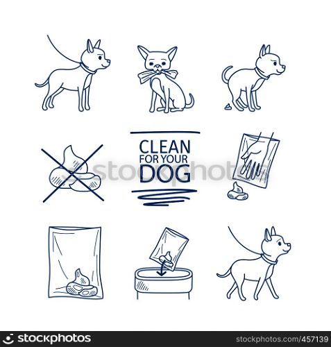 Dangerous dog clean up poop vector blue line doodles. Dog clean up poop icons