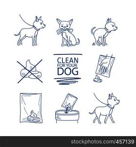 Dangerous dog clean up poop vector blue line doodles. Dog clean up poop icons