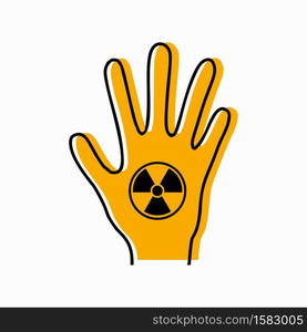 Dangerous dose of radiation of limbs. Contour silhouette of hand with icon radiation and yellow silhouette on white background. Danger of exposure. Vector object for icons, logos, infographics. Dangerous dose of radiation of limbs. Contour silhouette of hand with icon radiation and yellow silhouette on white background. Danger of exposure. Vector object