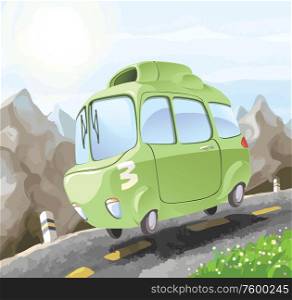 Dangerous Driving. A small retro-styled car having a dangerous trip on the mountain road.Editable vector EPS v9.0.