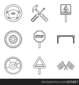 Dangerous driving icons set. Outline set of 9 dangerous driving vector icons for web isolated on white background. Dangerous driving icons set, outline style