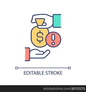 Dangerous financial deals RGB color icon. Risk awareness. Checkup business partners. Protect transaction. Isolated vector illustration. Simple filled line drawing. Editable stroke. Arial font used. Dangerous financial deals RGB color icon