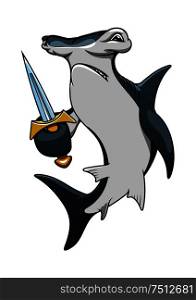 Dangerous hammerhead shark pirate cartoon character with sharp sword, for marine mascot or adventure theme. Cartoon hammerhead shark pirate with sword