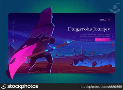 Dangerous journey cartoon landing page, wizard with glowing spear stand at night mountain landscape with suspended bridge under starry sky, magic fantasy game with knight or ranger, Vector web banner. Dangerous journey cartoon landing page, fantasy