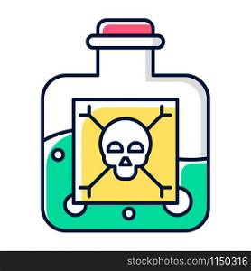 Dangerous liquid color icon. Highly hazardous chemicals. Green poison in bottle. Organic chemistry. Poisonous and harmful substance. Skull bones label. Isolated vector illustration