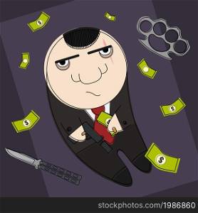 Dangerous mafia hitman in funny cartoon style illustration . Hitman in funny cartoon style