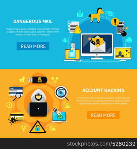 Dangerous Mail And Account Hacking Flat Banners. Hacking flat horizontal banners with dangerous mail and account hacking decorative icons set vector illustration