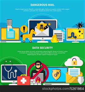 Dangerous Mail And Data Security Flat Banners. Hacker horizontal banners with dangerous mail and data security design elements flat vector illustration
