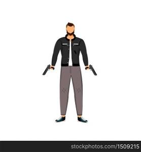 Dangerous outlaw flat color vector faceless character. Armed bandit in leather jacket with guns isolated cartoon illustration for web graphic design and animation. Criminal holding weapons