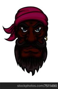 Dangerous pirate captain or sailor cartoon character with curled mustache and beard, wearing bandanna and gold earring. Use as halloween party, t-shirt print or marine design. Cartoon angry pirate captain or sailor