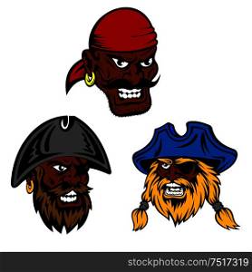 Dangerous pirates crew characters. Dark skinned pirate captain and boatswain with shaggy beards wearing vintage hats and eye patches and moustached angry gunner in red bandana. Pirate ship crew with black captain and sailors