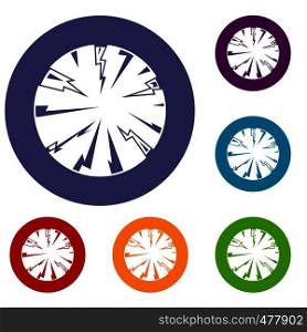 Dangerous planet icons set in flat circle red, blue and green color for web. Dangerous planet icons set