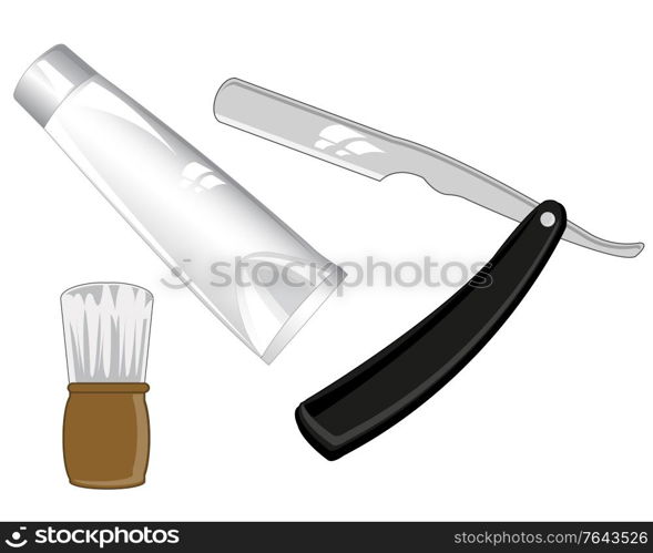 Dangerous razor shaving brush and tubes with spume for shaving. Accesories for shaving on white background is insulated