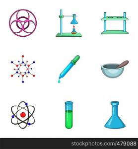 Dangerous research icons set. Cartoon set of 9 dangerous research vector icons for web isolated on white background. Dangerous research icons set, cartoon style