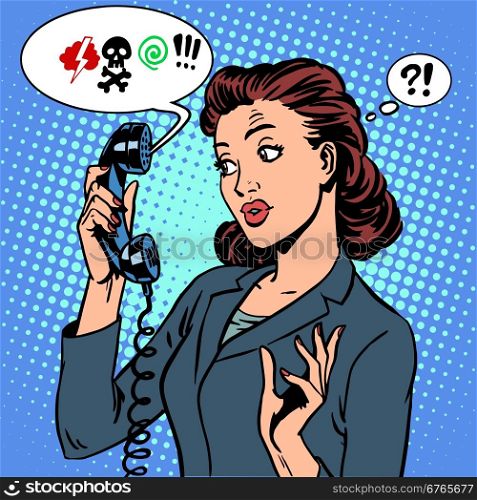 Dangerous talk phone communication viruses business woman abuse . Dangerous talk phone communication viruses business woman abuse problems retro style pop art