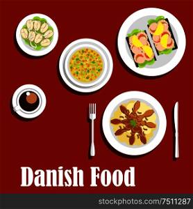 Danish cuisine flat icons with traditional mashed potatoes topped with fried bacon and onion, pea soup, steamed cod, open sandwiches on rye bread with shrimps, cup of coffee. Traditional dinner of danish cuisine