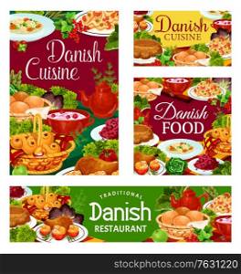 Danish cuisine food menu dishes, restaurant meals, Scandinavian buffet dinner and lunch, vector. Danish chicken, cabbage salad and apple casserole pastry, sweet cereals breakfast and Lucia buns. Danish cuisine food menu dishes, restaurant meals