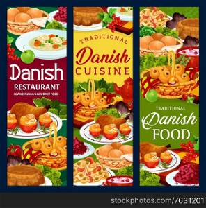 Danish cuisine food menu dishes, Scandinavian meals, traditional buffet dinner, lunch and snacks vector banners. Danish chicken, cabbage and vermicelli salad, apple casserole and sweet cereals. Danish cuisine food menu dishes and meals banners