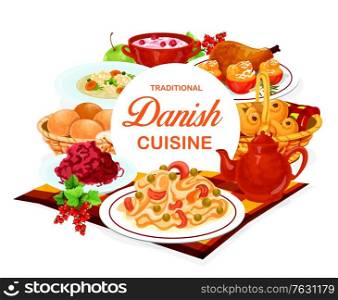 Danish cuisine food menu dishes, traditional meals, vector Scandinavian buffet dinner, lunch, drinks and snacks. Danish chicken, vermicelli salad and buns of Lucia, cabbage salad and pepper nuts buns. Danish cuisine food menu dishes, traditional meals