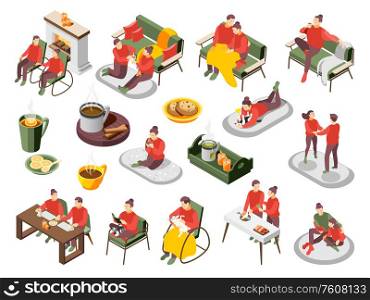 Danish hygge lifestyle isometric icons set with warm cozy home fireplace candles relax knitting coffee vector illustration
