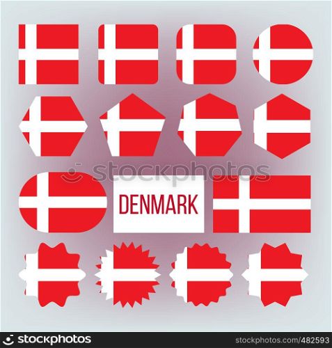Danish National Colors, Insignia Vector Icons Set. Danish State Flag, European Country Official Symbolics. Red And White Patriotic Banner, Dannebrog. Denmark Traditional Emblem Flat Illustration. Danish National Colors, Insignia Vector Icons Set