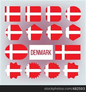 Danish National Colors, Insignia Vector Icons Set. Danish State Flag, European Country Official Symbolics. Red And White Patriotic Banner, Dannebrog. Denmark Traditional Emblem Flat Illustration. Danish National Colors, Insignia Vector Icons Set