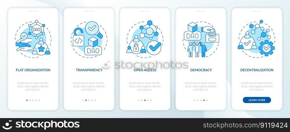 DAO characteristics blue onboarding mobile app screen. IoT walkthrough 5 steps editable graphic instructions with linear concepts. UI, UX, GUI template. Myriad Pro-Bold, Regular fonts used. DAO characteristics blue onboarding mobile app screen