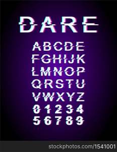Dare glitch font template. Retro futuristic style vector alphabet set on violet background. Capital letters, numbers and symbols. Inspiring challenge typeface design with distortion effect