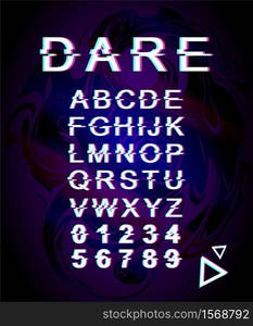 Dare glitch font template. Retro futuristic style vector alphabet set on violet holographic background. Capital letters, numbers and symbols. Challenge typeface design with distortion effect