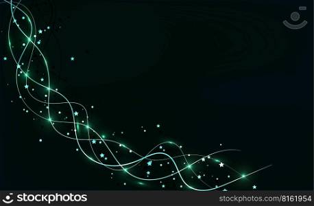 Dark abstract background with glowing green lines and stars. Shiny moving lines design element. Modern green smooth wave lines. Futuristic technology concept. Vector illustration