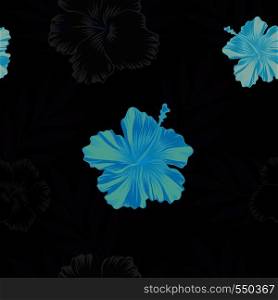 Dark and blue tropical flowers hibiscus seamless pattern. Vector illustration