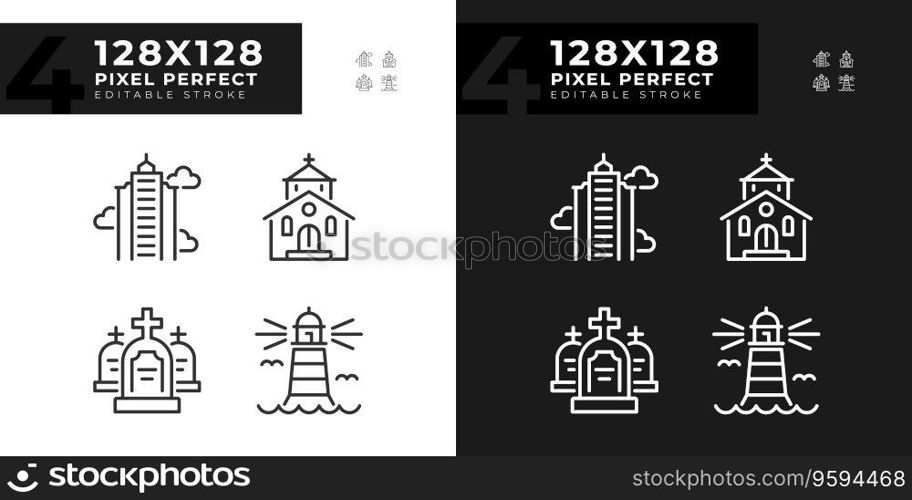 Dark and light mode icons set representing various buildings, editable thin line illustration.. Pixel perfect building icons set