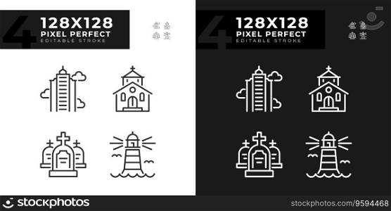Dark and light mode icons set representing various buildings, editable thin line illustration.. Pixel perfect building icons set