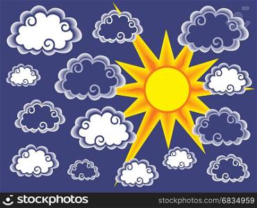 Dark and light stylized clouds and sun over blue background, vector illustration