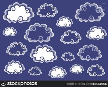Dark and light stylized clouds over blue background, vector illustration