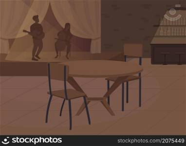 Dark and romantic atmosphere in restaurant flat color vector illustration. Intimate ambience. Cozy bar atmosphere 2D cartoon interior with musicians stage performance and bar counter on background. Dark and romantic atmosphere in restaurant flat color vector illustration