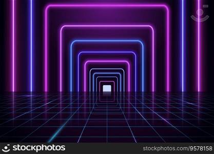 Dark background with glowing neon rectangles and perspective grid. Glowing light frames and out reflection. Futuristic room with purple and blue neon tubes. Dark background with glowing neon rectangles and perspective grid. Glowing light frames and out reflection