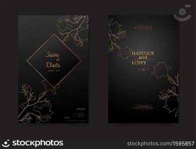Dark background with gold floral wedding invitation card template.