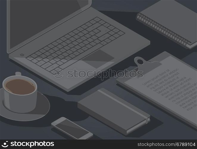 Dark background with isometric stationery office objects, coffee and laptop computer. Vector illustration.