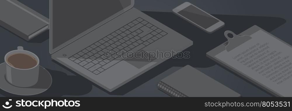 Dark background with isometric stationery office objects, coffee and laptop computer. Vector illustration.