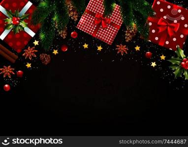 Dark background with various colorful christmas symbols such as gift boxes mistletoe leaves fir tree branches realistic vector illustration. Christmas Realistic Background