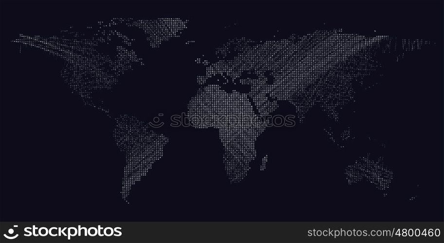 Dark background with white color dotted world map, lines, curves. Abstract design vector decoration
