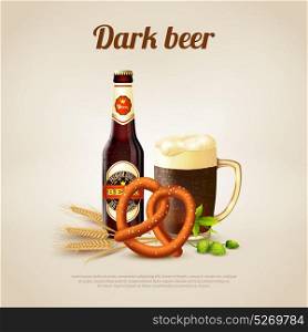 Dark Beer Background. Realistic background with bottle and mug full of dark beer vector illustration